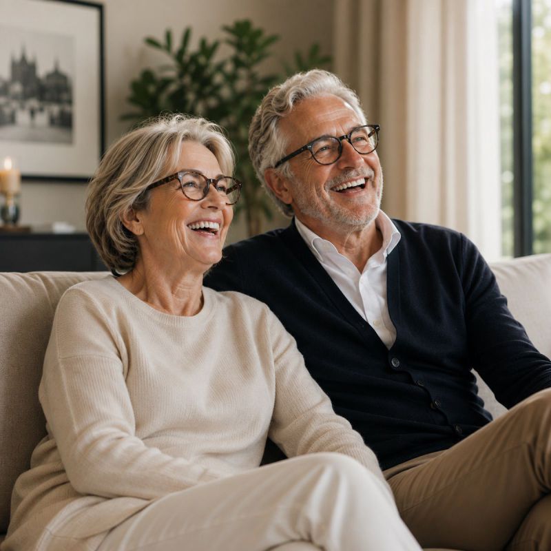 Un couple senior souriant, assis dans son salon — biensur, protections urinaires fabriquées en France